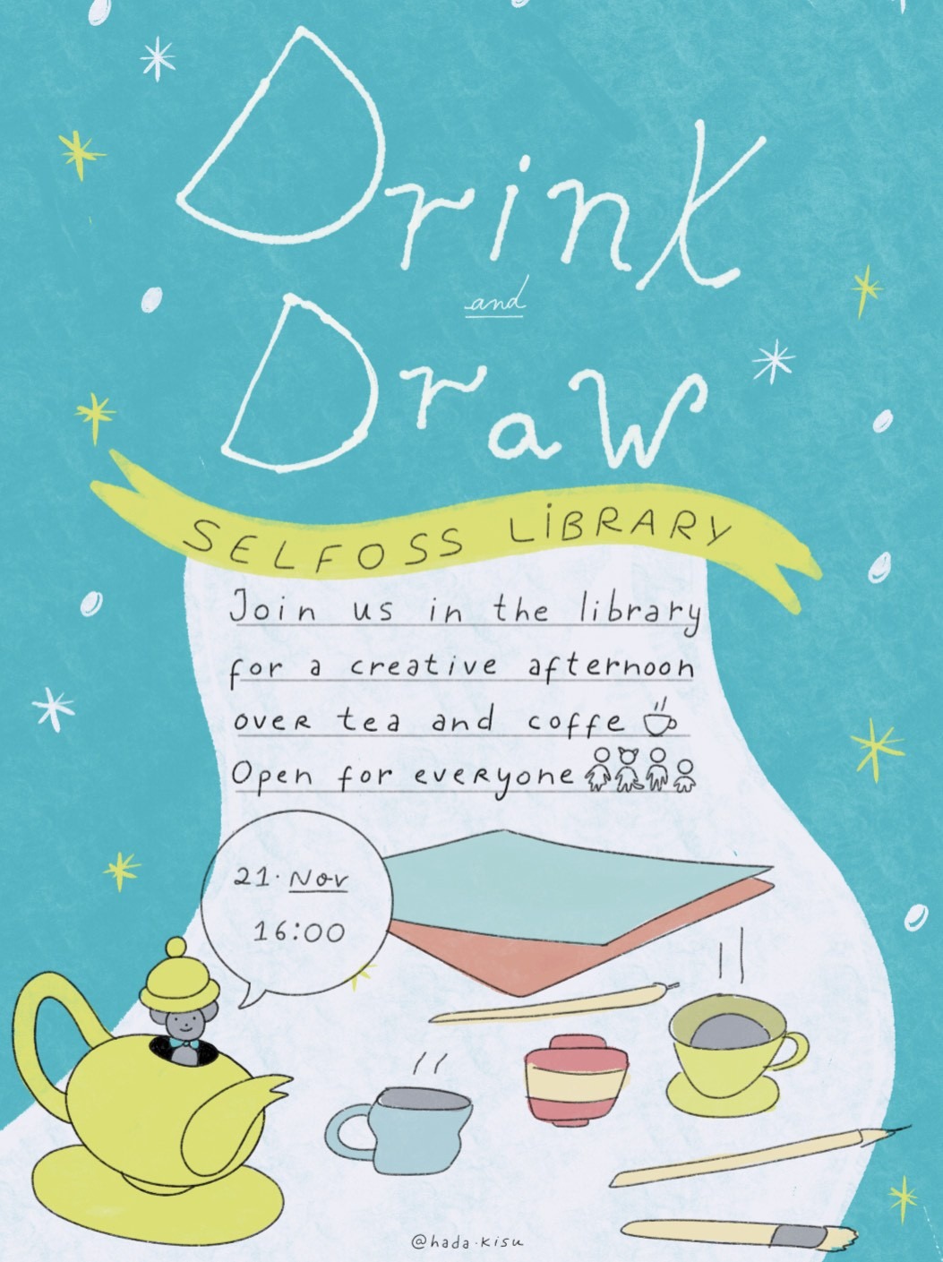 Drink and draw á Bókasafninu 21. nóvember kl. 16:00